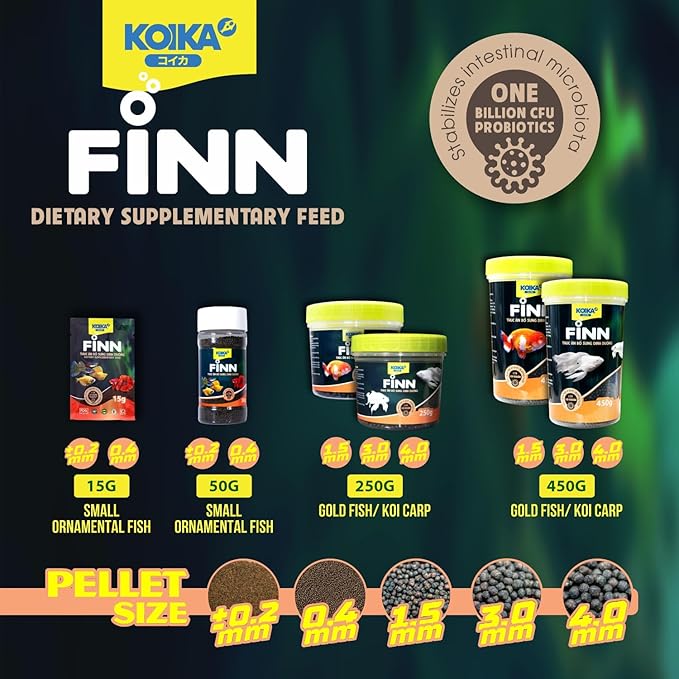 KOIKA FINN Probiotic Fish Food Pellets for Ornamental Fish, 43% Protein with Bacillus Probiotics, Supports Digestion and Immune Health for Daily Feeding (250g, Goldfish - 1.5mm Pellets)