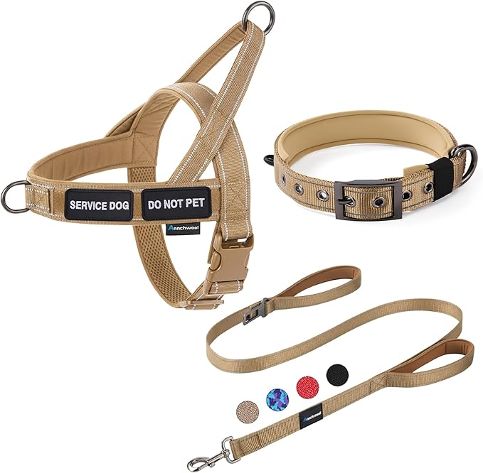 Annchwool No Pull Dog Harness,Heavy Duty Reflective Collar & Leash Set-Leash with Double Handle & Car Seatbelt Clip-Easy Control for Walking Training Medium Large Size Dogs(Brown,XL)