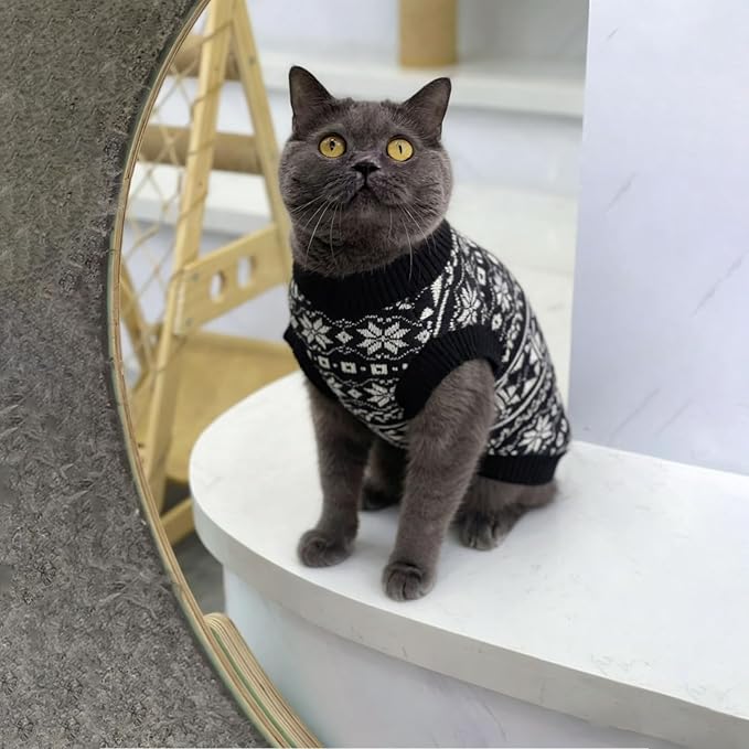 Cat Jumpers for Cats Only-Soft Warm Knitted Cat Sweater,Fair Isle Cats Jumper,XS Kitten Jumper,Kitten Winter Clothes & Pet Sweater for Kittens(Black & White Jacquard,Fair Isle Pattern).(XS)