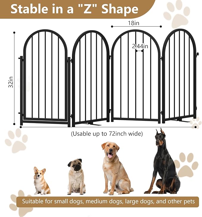 Full Metal Dog Gate with Door for Indoor Outdoor, 32" Tall Free Standing Pet Dog Fence, 72" Extra Wide Pet Gates for Stairs, Hallways, Doorways, Kitchen, Decks, Yards (Black, 4 Panels)