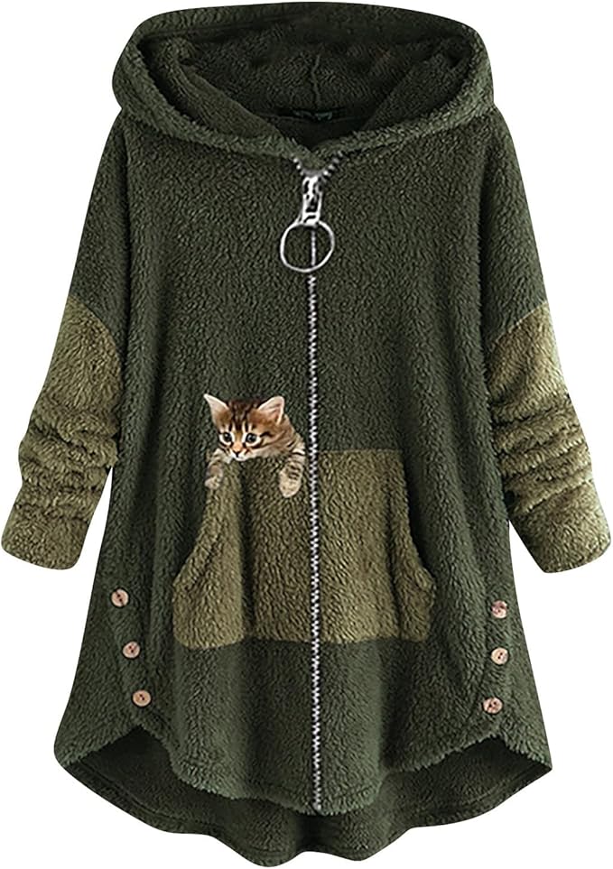 Akivide Women's Oversized Zip Up Sherpa Hoodie Fuzzy Fleece Jacket Cat Kitty Print Lightweight Faux Shearling A Line Coat