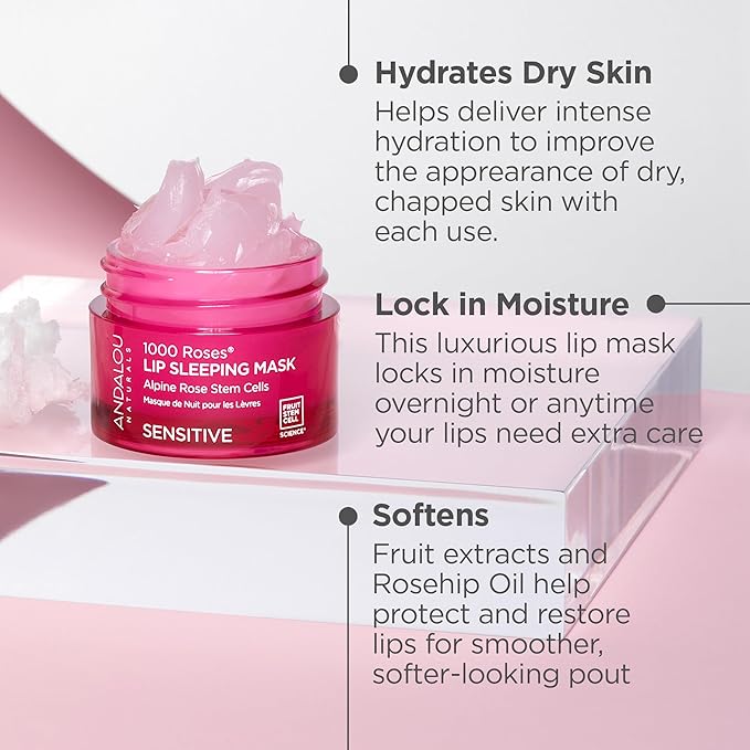 Andalou Naturals Mask 1000 ROSES, Overnight Sleeping Mask for Dry, Chapped Lips, Plumping, Hydrating & Soothing Balm with Alpine Rose Stem Cells, Vegan & Cruelty-Free, 0.42 O