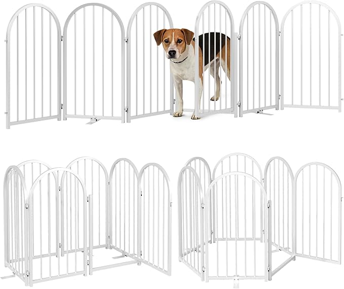 Full Metal Dog Gate with Door for Indoor Outdoor, 32" Tall Free Standing Pet Dog Fence, 108" Extra Wide Pet Gates for Stairs, Hallways, Doorways, Kitchen, Decks, Yards (White, 6 Panels)