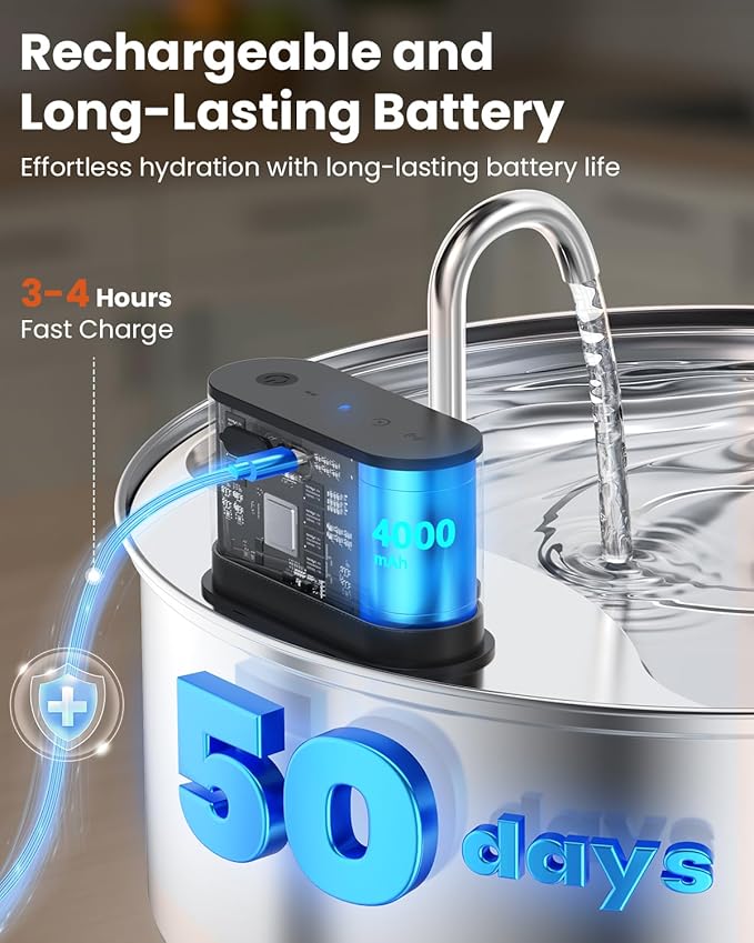 Wireless Dog Water Fountain for Large Dogs, 12L/3.2Gal Stainless Steel Dog Fountain Water Bowl with Sensor, Quiet Pump BPA-Free Automatic Water Dispenser for Cats Dogs Pets