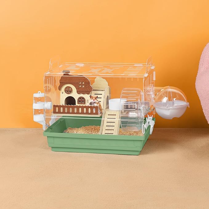 Hamster Cage Acrylic Hamster Habitat 360 Viewing Transparent Pet Rat Cage with Running Wheel & Hideout for Dwarf/Syrian Hamsters, Mice & Gerbils, Green, 13.3" L*10.2" W*12.4" H