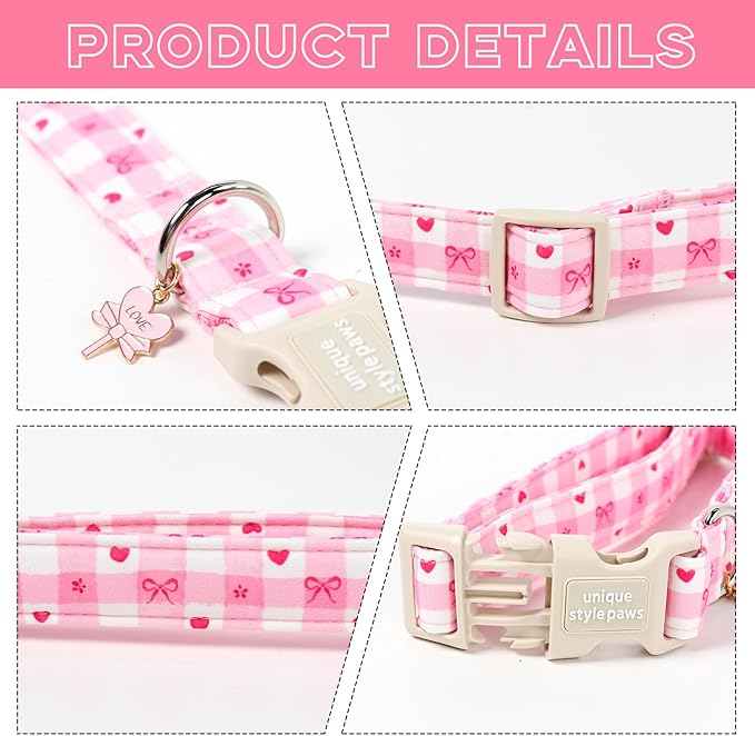 Unique Style Paws Valentine Dog Collar Plastic Buckle with Pendant Pink Grid Bow Love Heart Cotton Puppy Collars for Small Medium Large Dogs