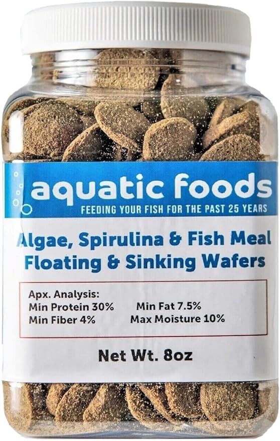 Aquatic Foods Inc. 18mm - 3/4" Wafers, Sinking & Floating for Both Bottom Fish & Surface Fish, Pond Fish, Shrimp, Snails, Crabs, Crayfish…8oz Small Jar