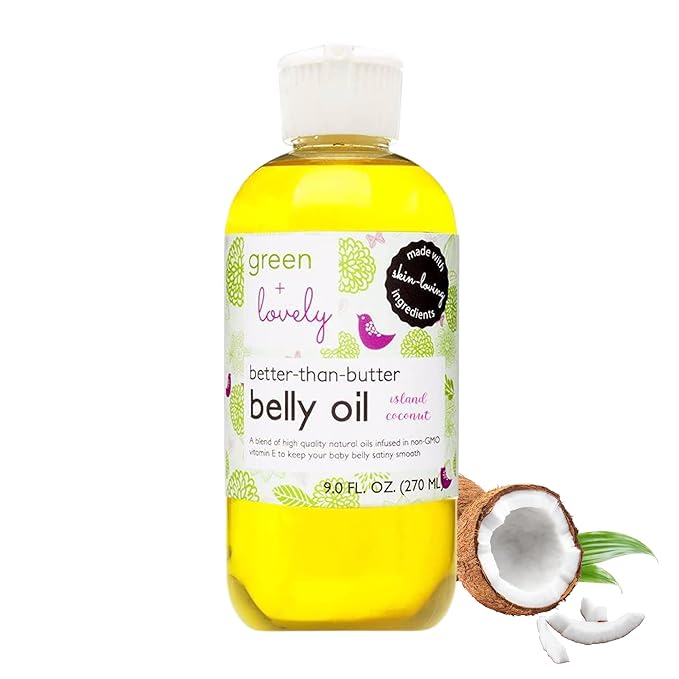 Green + Lovely Better than Butter Belly Oil Pregnancy Stretch Mark Prevention, Stretch Mark Cream, Pregnancy Must Haves, Pregnancy Essential, Enhanced Vitamin E Skin, 9 Fl Oz Island Coconut