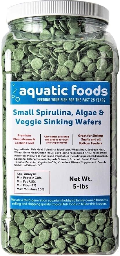 Aquatic Foods Inc. Spirulina, Algae & Veggie 12mm - 1/2" Small Sinking Wafers for Bottom Fish, Shrimp, Snails, Crabs, Crayfish, All Tropical Fish. AFI Wafers...5-lb Lg Jar