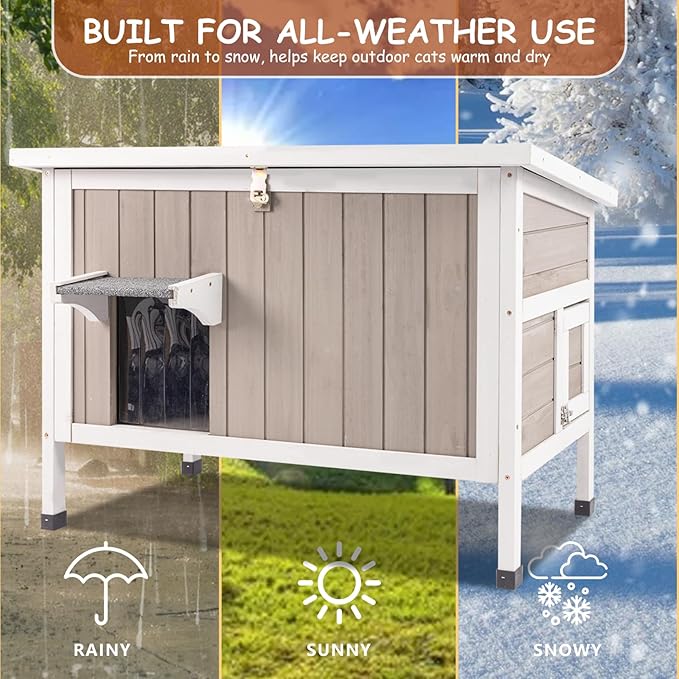 Insulated Cat House Outdoor Feral Cat Shelter House for 1-2 Cats, All Around Foam Cat Houses for Oudoor Cats Weathproof Wooden Indoor Cat House with Waterproof Roof, Escape Doors