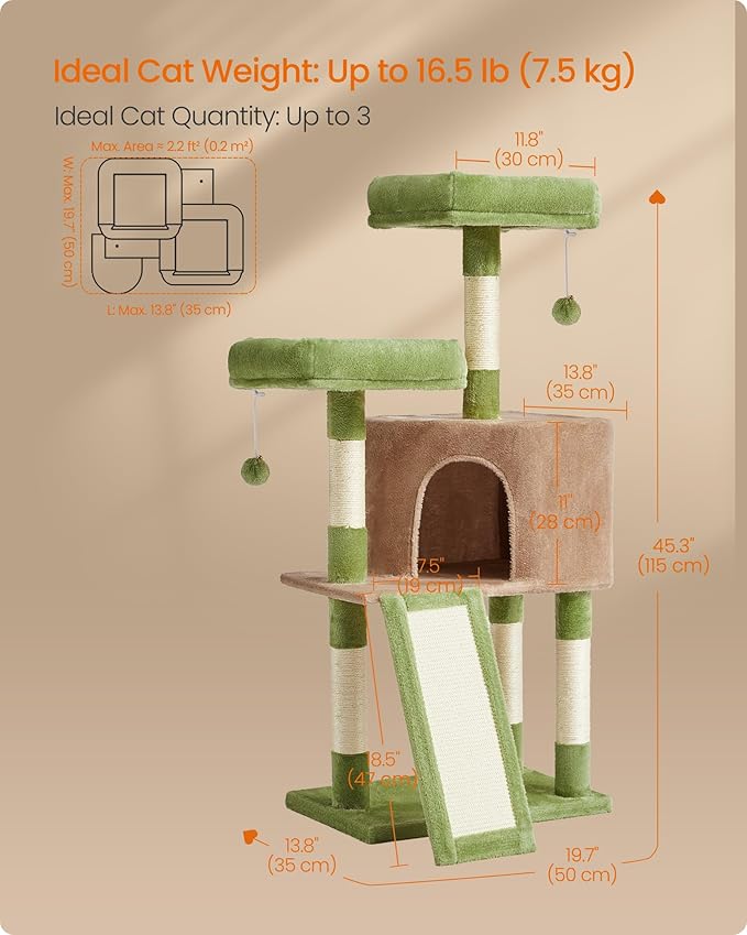 Feandrea Cat Tree Tower, 45.3-Inch Cat Condo with Scratching Post, Ramp, Perch, Spacious Cave, for Small Spaces, Grass Green and Camel Brown UPCT141CB03