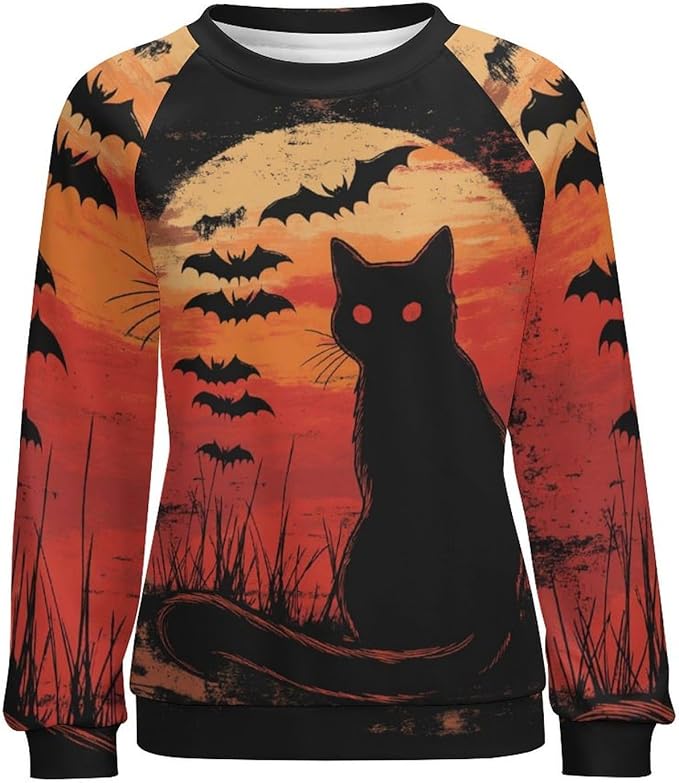 Halloween Sweatshirts for Women Black Cat Print Pullover Crewneck Oversized 2024 Fall Fashion Casual Warm Shirt
