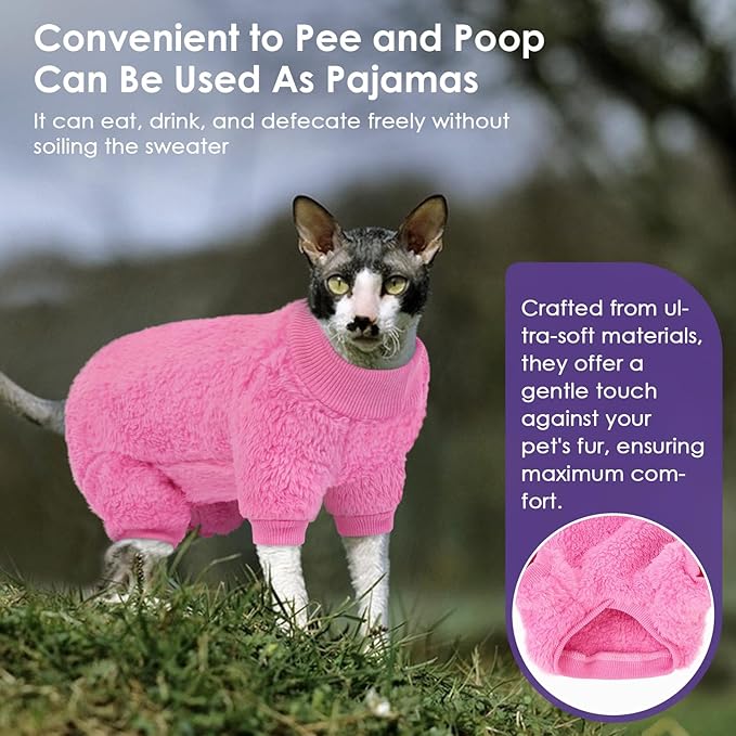 SUNFURA Sphynx Hairless Cat Sweater, Full Body Warm Fleece Sweaters with Sleeves for Cats, Soft Turtleneck Cat Clothes, Cozy Pullover Pajamas for Hairless Cats Devon, Donskoy & Small Dogs, Hot Pink L