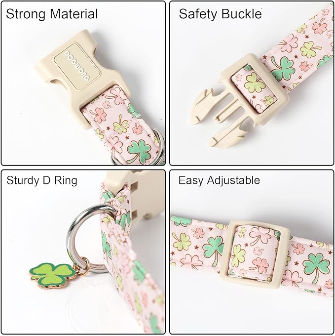DOGWONG Green Dog Collar- Spring Female Dog Collars Adjustable St. Patrick's Day Puppy Pink Clover Dog Collar for Small Medium Large Dogs L