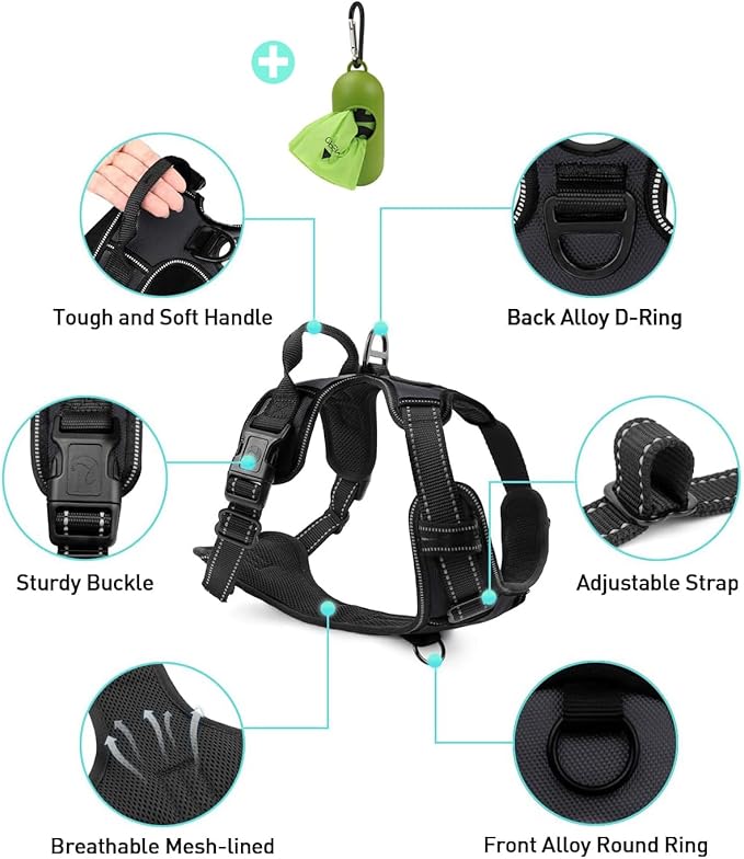 Joytale No Pull Dog Harness for Small Dogs, Reflective Pet Vest with Front Clip, Adjustable Soft Padded Harnesses with Easy Control Handle for Training and Walking, Black, S