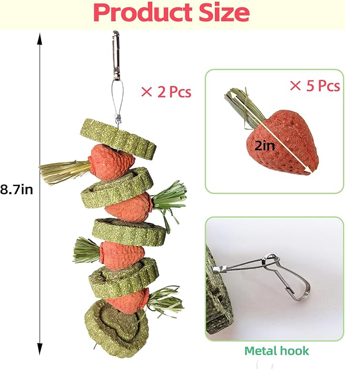 Bunny Chew Toys Guinea Pig Chew Toys for Teeth Grinding Rabbit Treats Natural Timothy Grass Cake Strawberries for Guinea Pigs Chinchillas Bunny Hamster (2 Pcs)