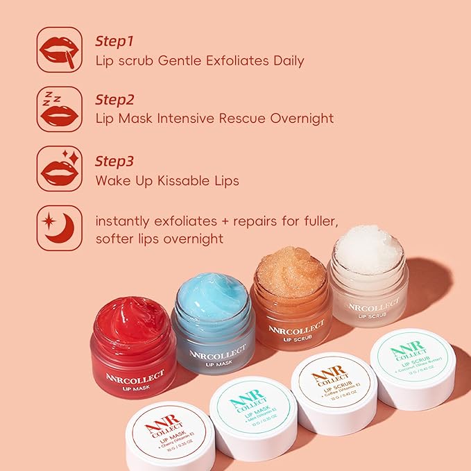 ANRCOLLECT Lip Scrub and Lip Mask Set- Lip Treatment Care Kit with 2 Lip Exfoliator Scrub & 2 Lip Butter Mask, Intense Hydration Set for Dry Chapped Cracked Lips (4 Pack), Valentines Day Gifts