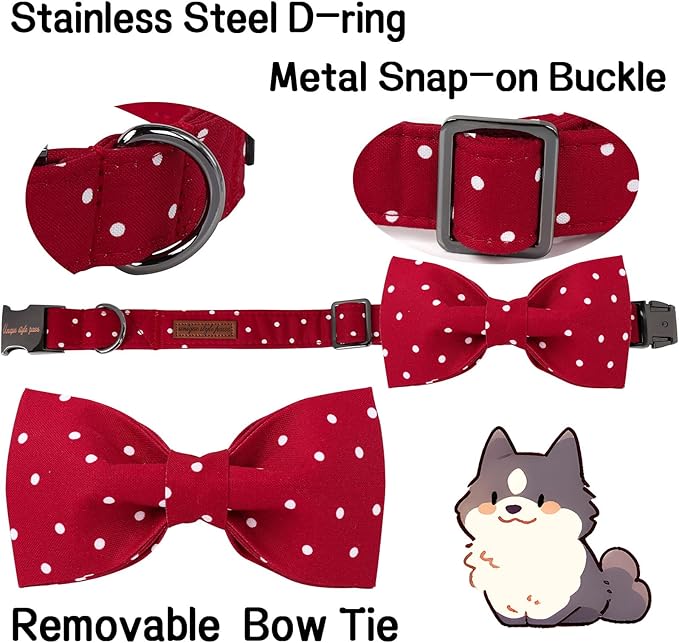 Unique style paws Cotton Dog Collar with Bow Puppy Collar with Red White Round Dot for Small Medium Large Boys Girls Dogs