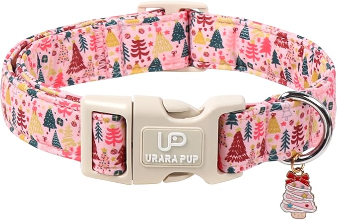 Christmas Dog Collar, Pink Christmas Tree for Dogs, Adjustable Pet Collar with Cute Xmas Tree Pendant, Festive Winter Dog Accessories for Small Medium Large Dogs L