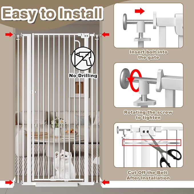 57" Extra Tall Cat Gate, 48.0"-52.7" Wide Pet Gate for Doorway, Pressure Mounted Tall Baby Gate with Door, Walk Through Dog Gate Indoor Stairs, Auto Close Cat Safety Gates, White