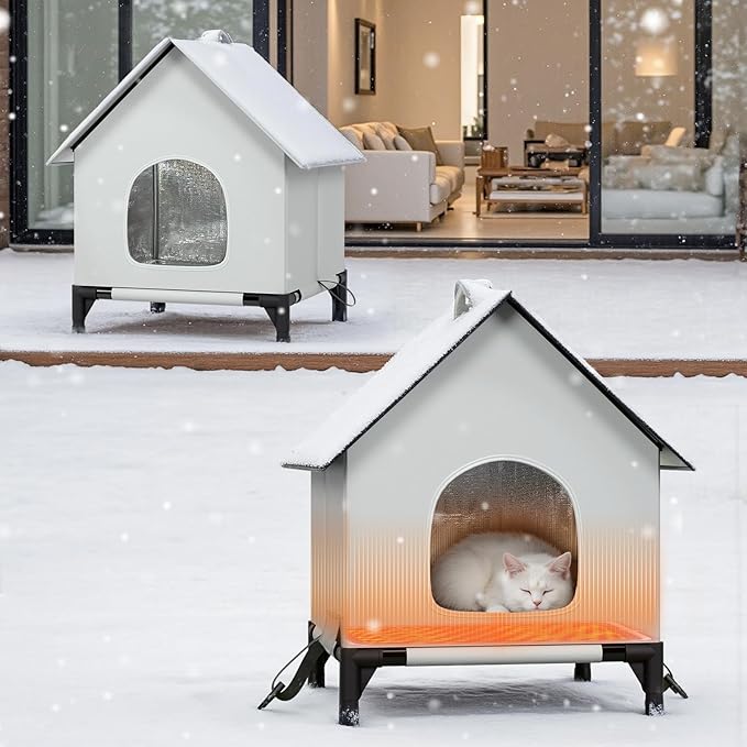 Heated Cat House with Heating Pad for Outside&Indoor,Insulated and Weatherproof,Selfwarming Cat Shelter,Large Cave Bed for Garden(18 x 18 x 24 inch,L,Heating Pad)