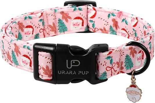 Xmas Dog Collars - Pink Christmas Tree & Santa Dog Collar with Gingerbread- Comfortable, Stylish Pet Collars with Quick Release Buckle for Christmas XS