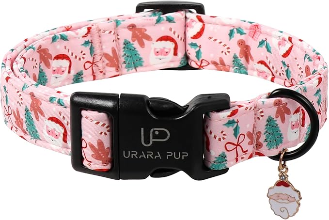 Xmas Dog Collars - Pink Christmas Tree & Santa Dog Collar with Gingerbread- Comfortable, Stylish Pet Collars with Quick Release Buckle for Christmas XL
