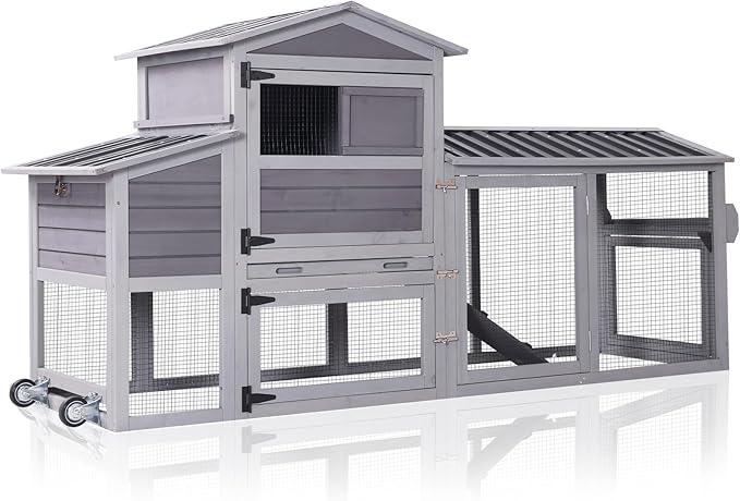 Chicken Coop with Run Large Hen House on Wheels Chicken House Poultry Cage with Nesting Box, Leakproof Pull-Out Tray, Waterproof Roof for 4-6 Chickens (Grey, 80.6" L x 26.6" W x 42.4" H)