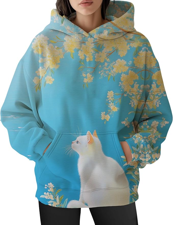 Womens Funny Cat Hoodies Oversized Graphic Hooded Sweatshirt for Women Fall Plus Size Pullover Hoodie Y2K