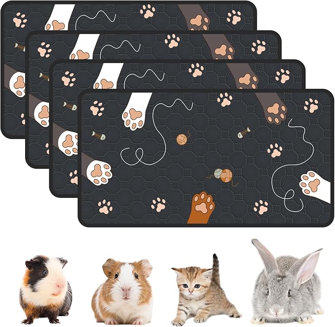 4-Pack Guinea Pig Cage Liner Washable, 16in x 30in Ultra-Absorbent Guinea Pig Bedding for Cage Non-Slip Leak-Proof Pee Pads for Dogs Rabbit Bunny Cat Litter Mat, Black