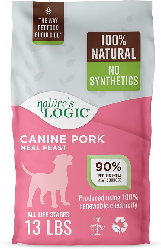 NATURE'S LOGIC Dry Dog Food - 100% Natural - No Synthetics - for All Ages, Sizes, Breeds - Free from Common Allergens, High Protein - Pork Meal Feast, 13lbs