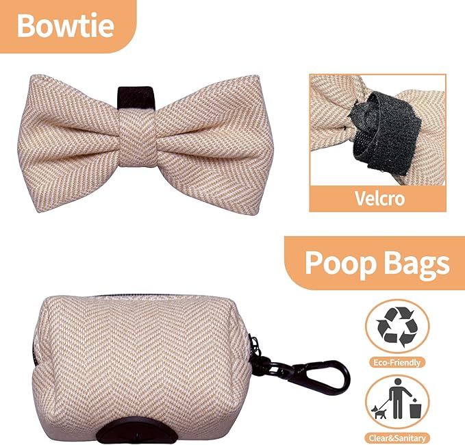 EVERKING 5-Piece Dog Travel Set, Adjustable Harness, Leash, Collar, Poop Bags, Bowtie for Small Medium Dogs, Beige, Breathable No-Pull Design (Beige, XXS)