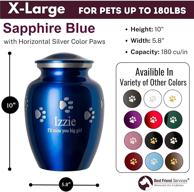Pet Urn for Dogs and Cats with Personalized Laser Engraving, Ottillie Paws Premier Series Memorial Urns (X-Large Sapphire Blue with Horizontal Pewter Paws)