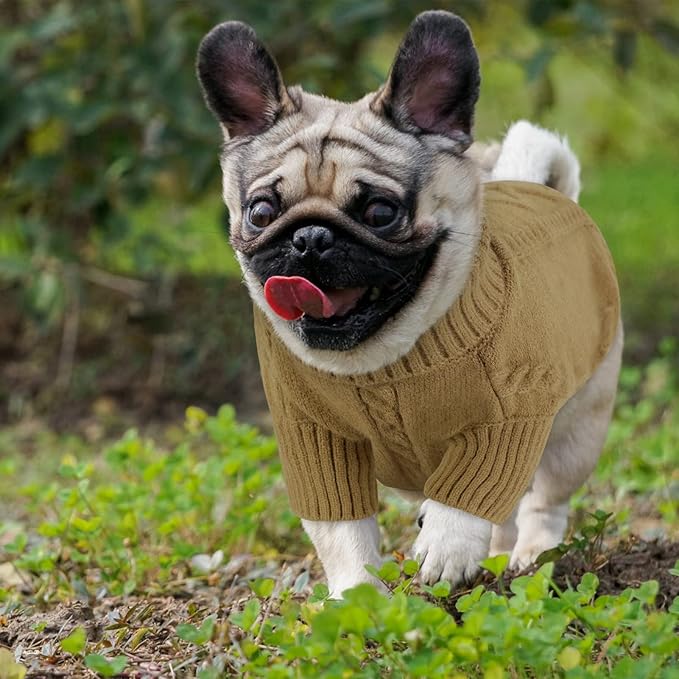 Queenmore Small Dog Pullover Sweater, Cold Weather Cable Knitwear, Classic Turtleneck Thick Warm Clothes for Chihuahua, Bulldog, Dachshund, Pug (Light Brown, Large)