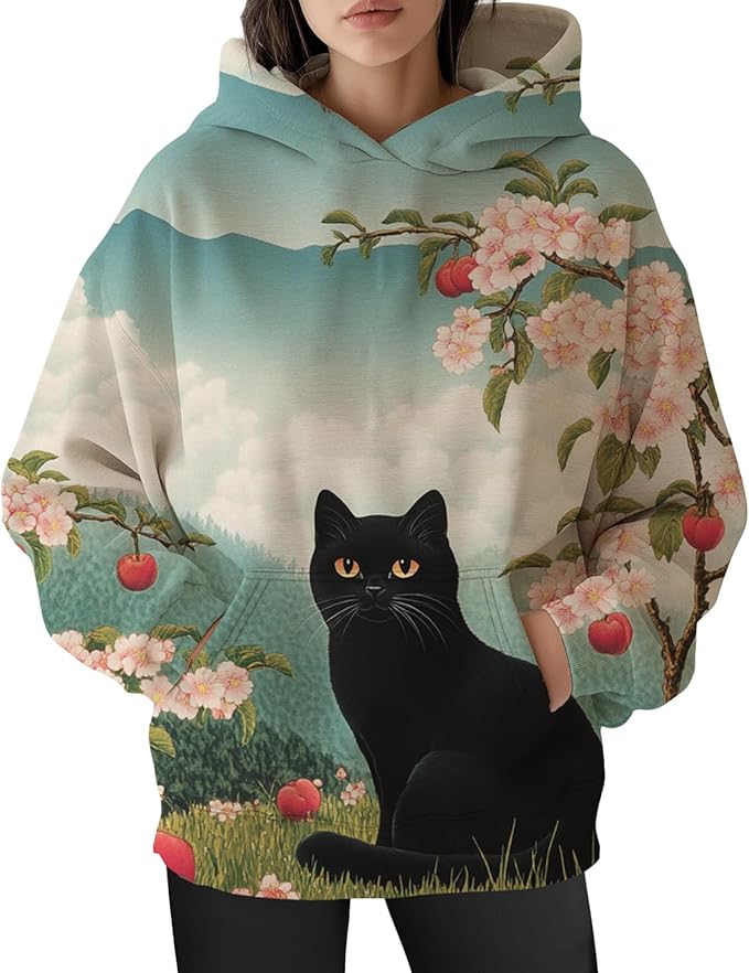 Womens Funny Cat Hoodies Oversized Graphic Hooded Sweatshirt for Women Fall Plus Size Pullover Hoodie Y2K