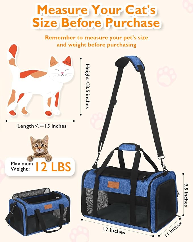 PETUX Airline Approved Cat Carrier or Small Cat up to 12 lb - 17"x11"x9.5", TSA, Underseat, Top & Side Entry, Soft Sided Pet Carrier with Breathable Anti-Scratch Mesh for Travel and Vet Visit - Blue