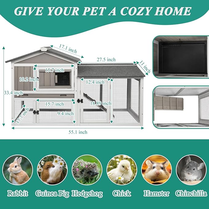 Rabbit Hutch Indoor Bunny Cage Outdoor Bunny Hutch with Pull Out Tray, Wooden Large Rabbit Cage with Run Weatherproof Roof, Guinea Pig Hutch (Grey, 110.2" L x 17.7" W x 33.4" H)