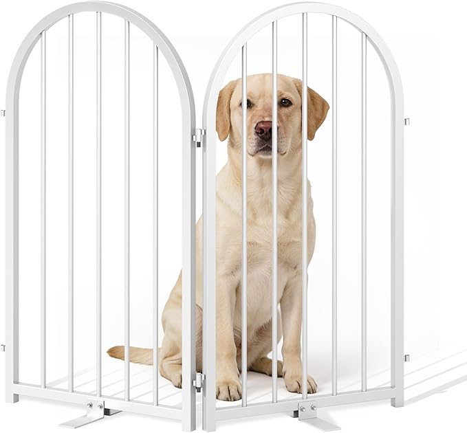 Full Metal Dog Gate for Indoor Outdoor, 32" Tall Free Standing Pet Dog Fence, 36" Wide Arched Pet Gates for Stairs, Hallways, Doorways, Kitchen, Decks, Yards (White, 2 Panels)