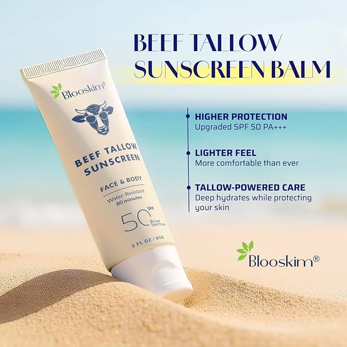 Beef Tallow Sunscreen SPF 50: Natural Tallow & Zinc Oxide Sunblock Cream for Face & Body - Sun Protection with Non Greasy Formula for Women and Men - Water-Resistant 3 oz (85 g)