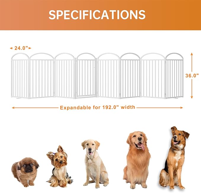 8 Panels Full Matel Freestanding Dog Gates with Door, 192"Extra Wide 36"Tall Free Standing Dog Pet Gate for Indoor & Outdoor. Foldable Pet Fences for Doorways, House, Stairs, Porch, Deck, Yard