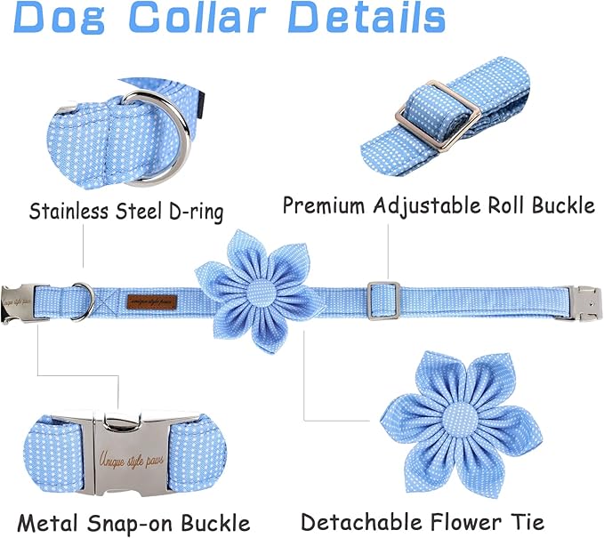 Unique style paws Dog Collar with Flower Tie Blue Dot Summer Dog Collar for Small Medium Large Dogs with Adjustable Metal Buckle -XL
