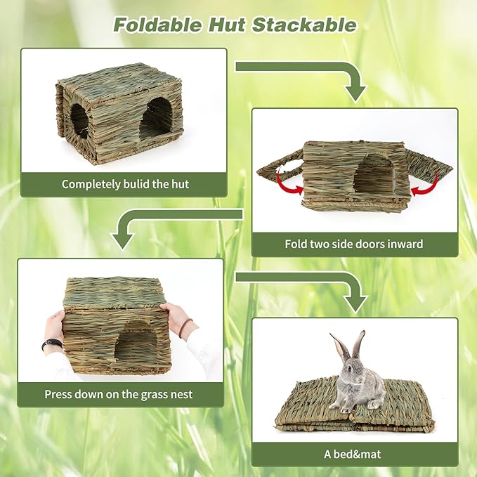 BWOGUE Large Bunny Grass House Natural Seagrass Bed Hideaway Toy Rabbit Hideout Hay Mat Chew Toys Guinea Pig Comfortable Hut for Bunny Hamster Chinchilla Small Animals