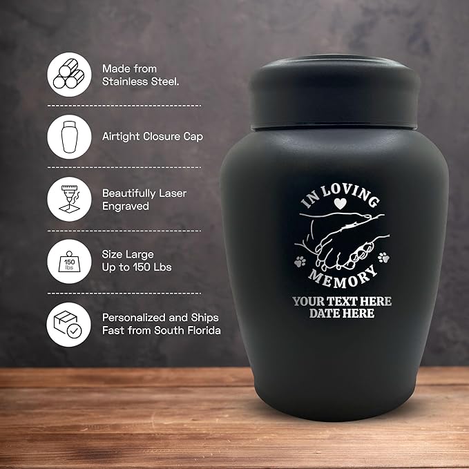 Personalized Custom Dog Urn Engraved Dog Name and Date - Stainless Steel Large Cremation Urn for Larger Dogs Ashes with Airtight Closure | 150 Cubic Inch Capacity | Hand and Paw - Holding