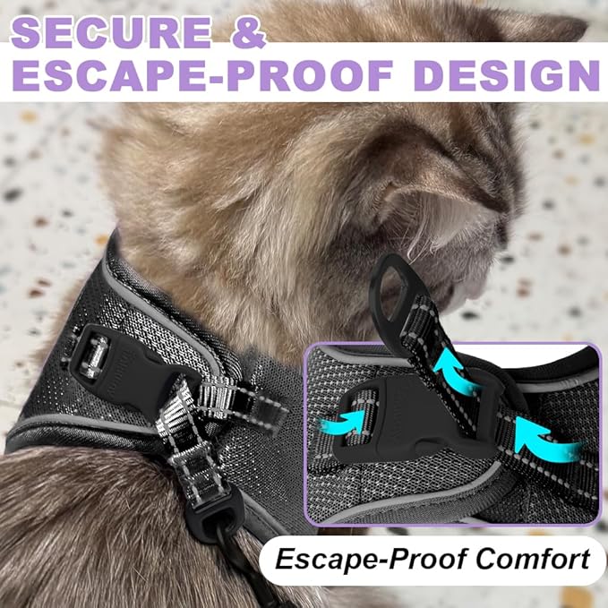 Cat Harness and Leash Set,Escape Proof Kitten Harness,Step in Adjustable Soft Lightweight,Easy Control,Reflective Strips Comfortable for Walking Travel(Black,XXS)