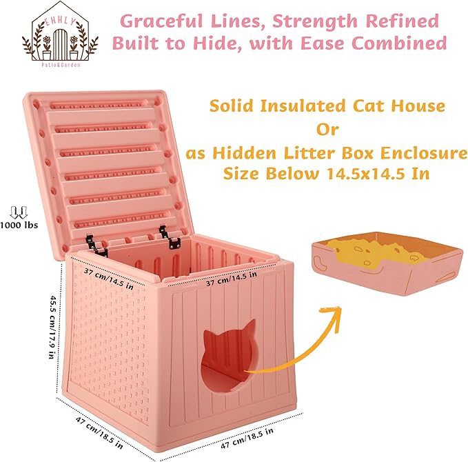 EHHLY Heavy Duty Cat House Waterproof, Hidden Cat Litter Box Enclosure with Flip Lid for Easy Cleaning, Extra Thick Insulated Cat House Outdoor, Winter Feral Cat Shelter Weatherproof, Blush