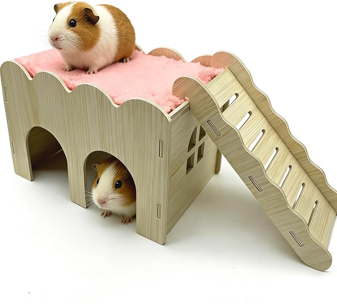 Guinea Pig Hideout Hamster Wood House Maze Platform Detachable Accessories with Ladder for Rat Hamster Squirrel Gerbil Sugar Glider (Guinea Pig Wooden House)