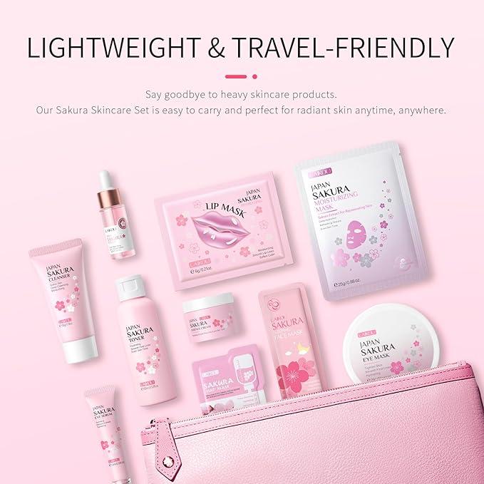 LAIKOU Sakura Skincare Set for Teen Girls, Complete 34PCS Face Care Kit, Christmas Pamper Gift Set for Women & Teenage Girls, Hydrating & Nourishing Travel-Friendly Daily Facial Skincare Routine