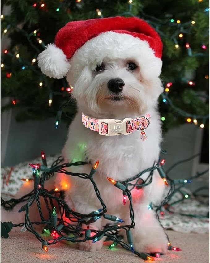 Christmas Dog Collar, Pink Christmas Tree for Dogs, Adjustable Pet Collar with Cute Xmas Tree Pendant, Festive Winter Dog Accessories for Small Medium Large Dogs L