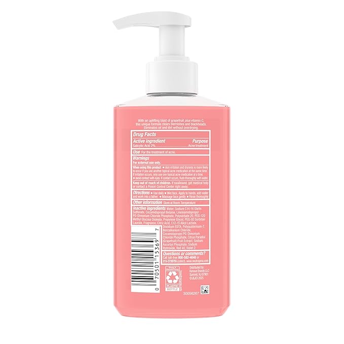 Neutrogena Oil-Free Acne Wash Pink Grapefruit Facial Cleanser - with Salicylic Acid for Clear Skin, Daily Face Wash for Oily & Acne-Prone Skin, Deep Cleansing Treatment, 9.1 fl. oz. Bottle