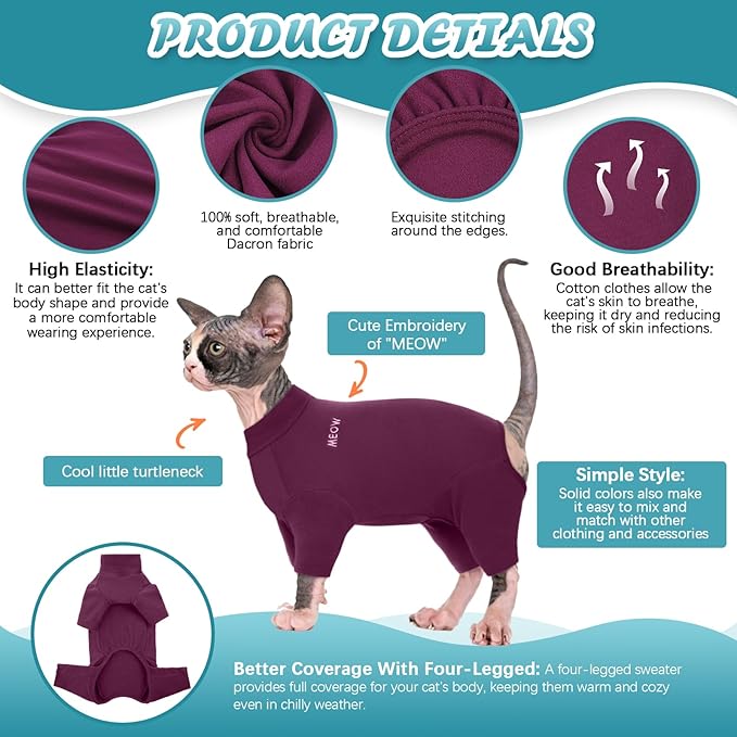 ROZKITCH Clothes for Cats, Breathable Jumpers for Sphynx Only, Soft Coat with Four Legs, Warm Sweater T-Shirt Pajamas Jumpsuit Vest Cornish Rex, Devon Rex, Peterbald Purple 2XL
